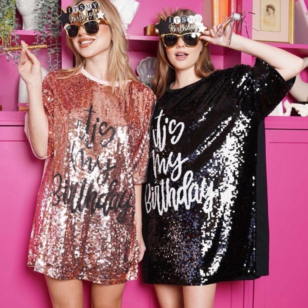 IT’S‎ MY BIRTHDAY Black Sequins Silver Mini Dress Party Celebration T-Shirt L XL